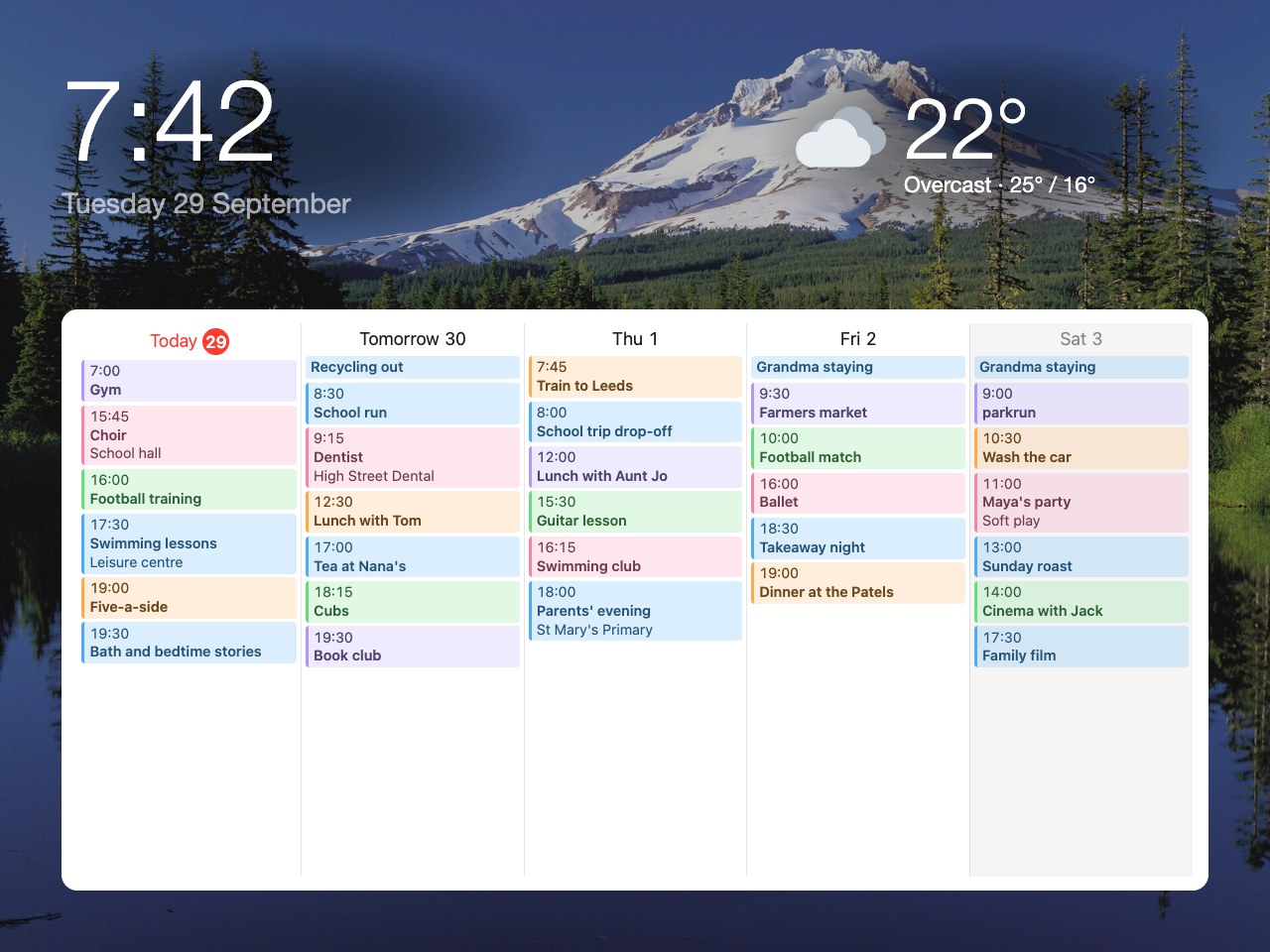 Homeboard on an iPad: the time and weather over a mountain lake, and five days of a family's calendar in their own colours, from football training today to Sunday roast.